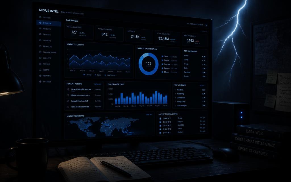 Painel de dados de inteligência de mercado em ambiente escuro